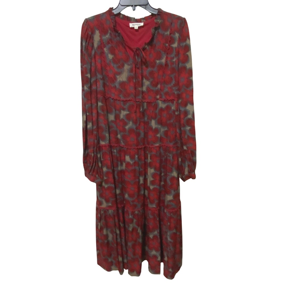 Boho Prairie Floral Tiered Maxi Dress L Red Retro Modest Flowers Flowy Oversized